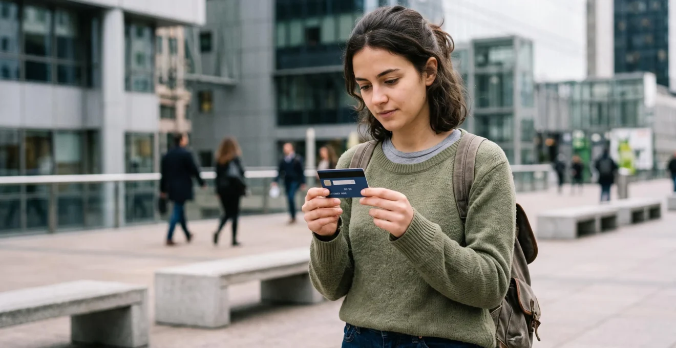 Jeune étudiant tenant et examinant une carte bancaire en extérieur dans un environnement urbain
