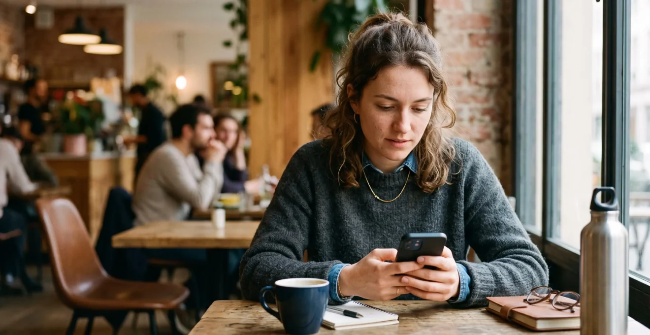 Jeune adulte consultant une application bancaire sur smartphone dans un café, gérant son budget personnel