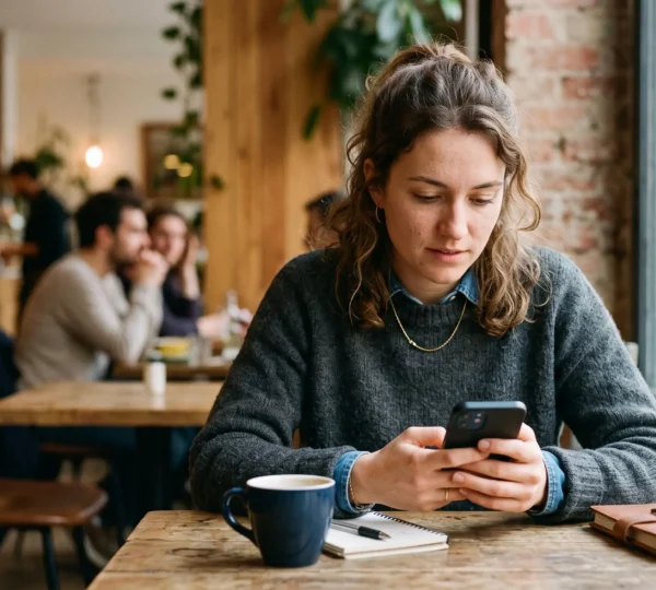 Jeune adulte consultant une application bancaire sur smartphone dans un café, gérant son budget personnel