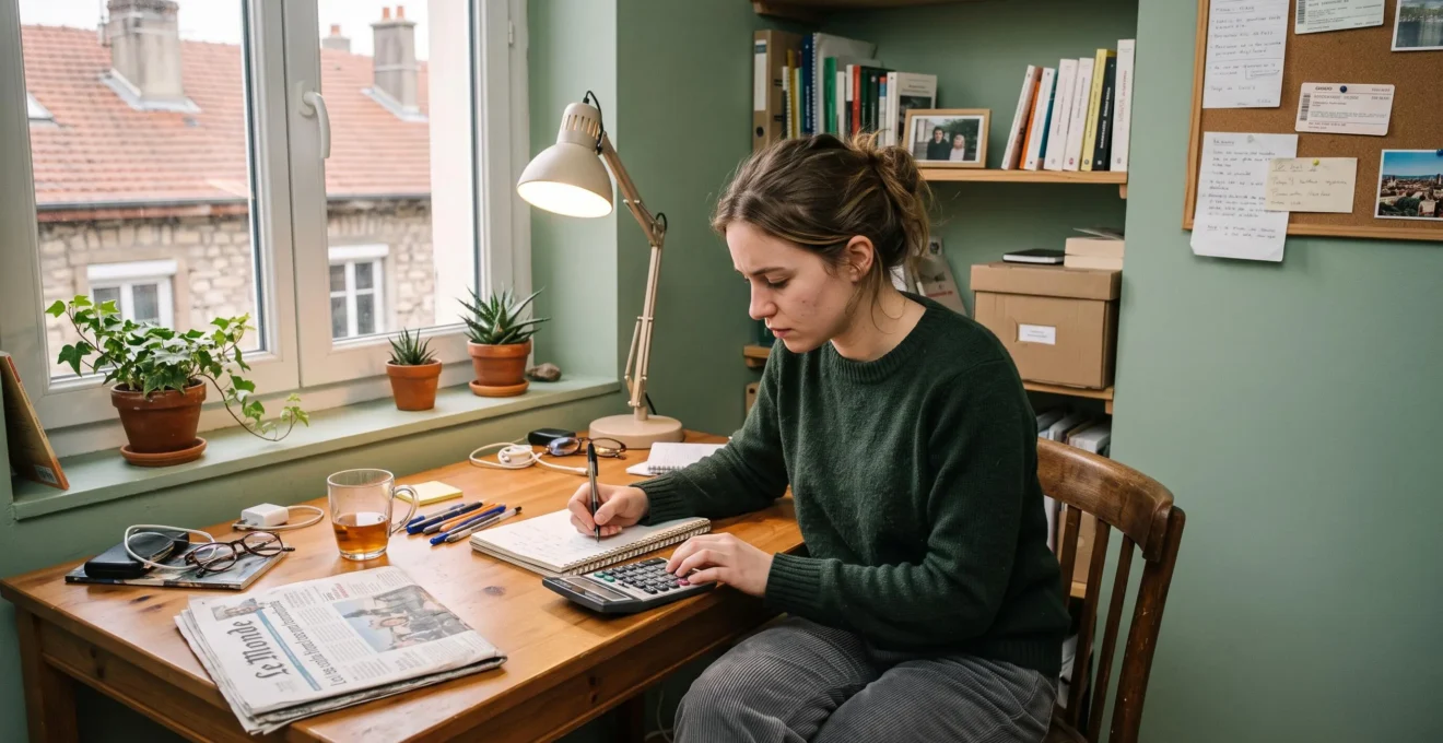Jeune adulte planifiant son budget personnel avec un cahier et une calculatrice sur un bureau