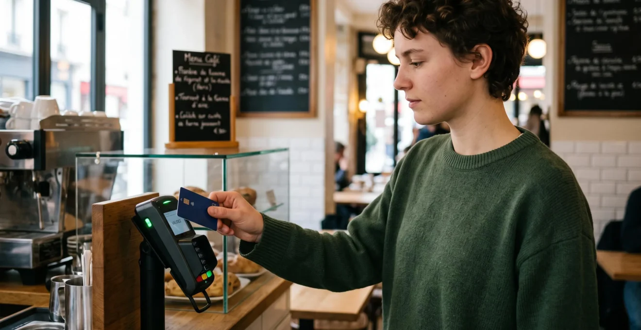 Jeune effectuant un paiement sans contact avec une carte bancaire sur un terminal de paiement