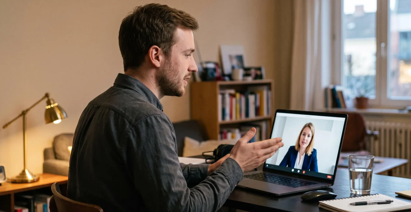 Un candidat échange en visioconférence avec un recruteur depuis son bureau lors d'un entretien d'embauche en ligne.