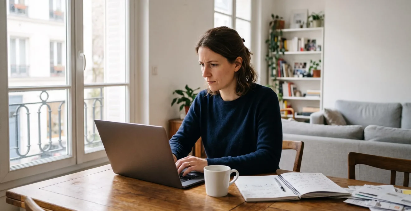 Une femme recherche des offres d'emploi sur son ordinateur portable à la table de son salon, un carnet de notes à côté d'elle.