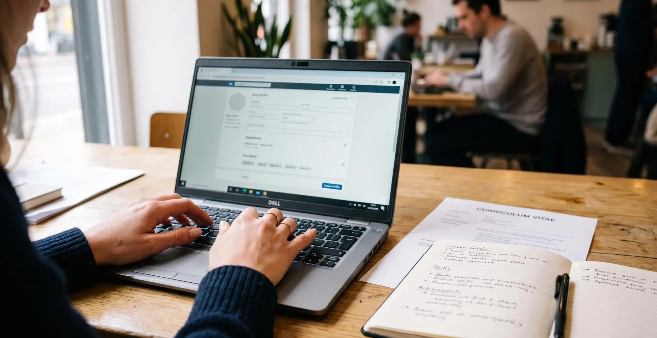 Gros plan sur des mains tapant sur un ordinateur portable pendant la mise à jour d'un profil professionnel, un CV imprimé posé à côté.