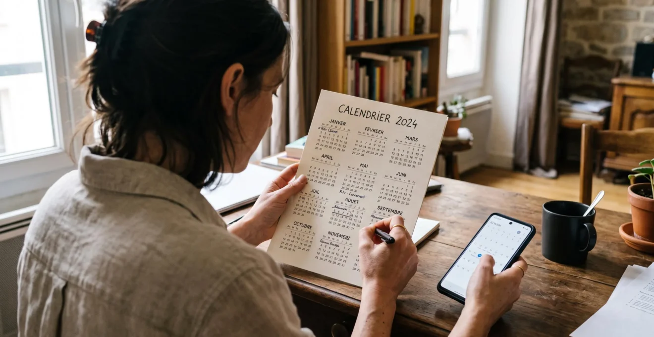 Une fondatrice note des dates sur un calendrier papier pour planifier son recrutement.