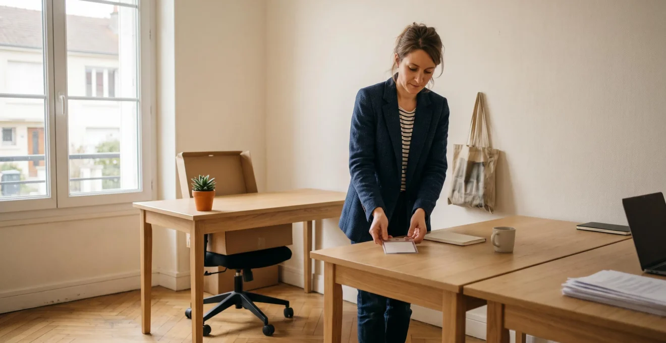 Une fondatrice prépare le poste de travail de son futur premier salarié dans un bureau.